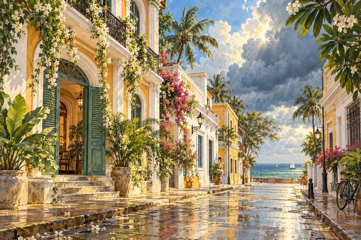 AI illustration: Heritage White Town street beneath sunshine and monsoon clouds, cream and ochre facades, tropical foliage and a distant sea