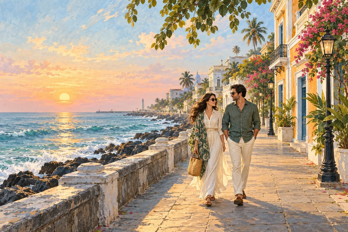 AI illustration: A fully clothed couple walking on a Pondicherry waterfront at sunrise, pastel sea and heritage street