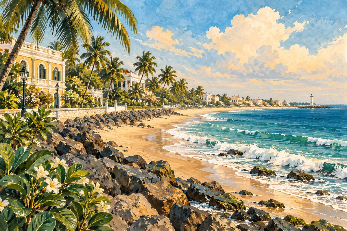 AI illustration: An expansive sandy Pondicherry shoreline and rocky waterfront, palms and blue sea, no swimmers