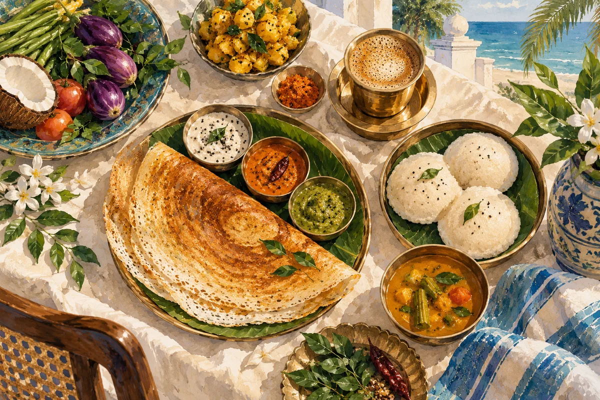 AI illustration: An overhead still life of dosa, idli, chutneys, filter coffee and vegetables on cream linen, generic regional meal