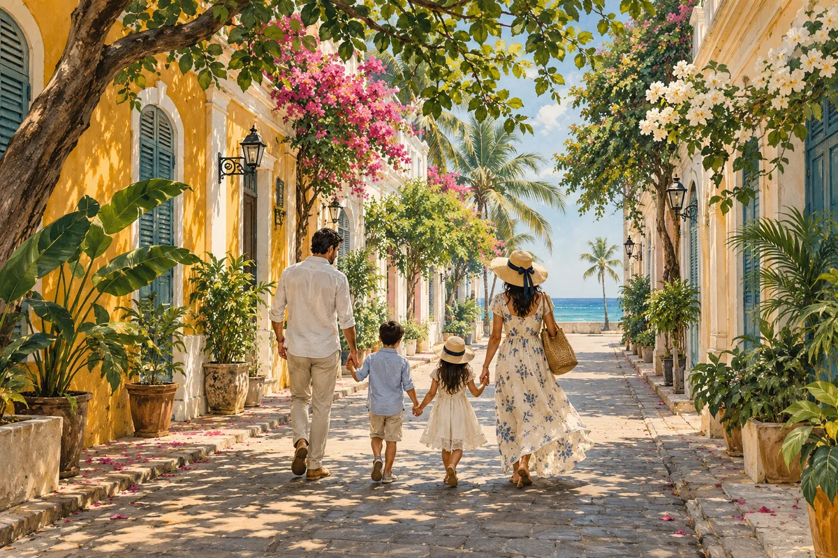 AI illustration: Two parents and two fully clothed children holding hands walking in a quiet shaded White Town heritage lane, no traffic
